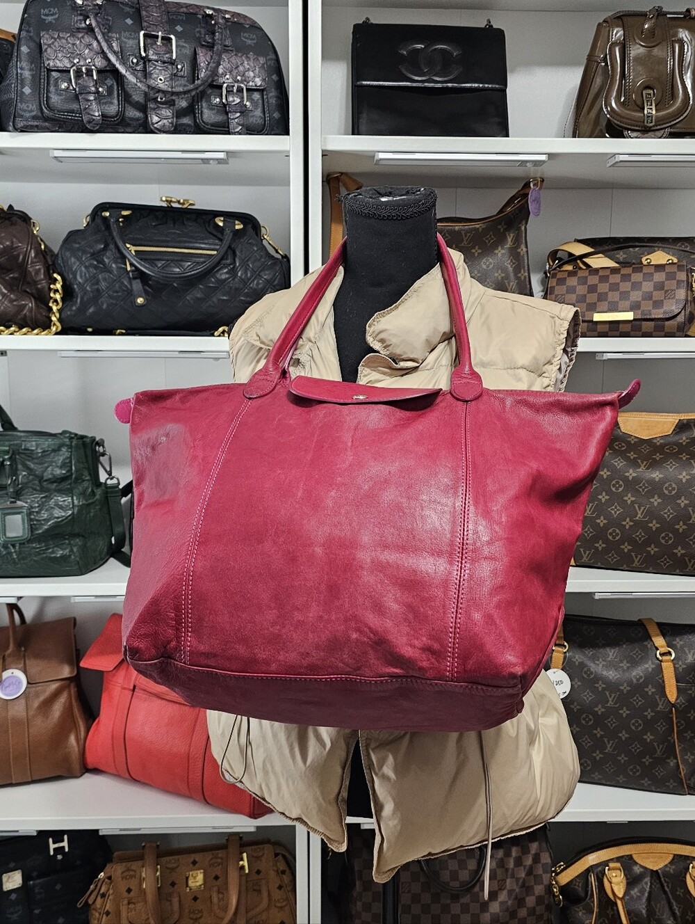 Longchamp Le Pliage Cuir Large Pink Leather Tote - Picture 15 of 16